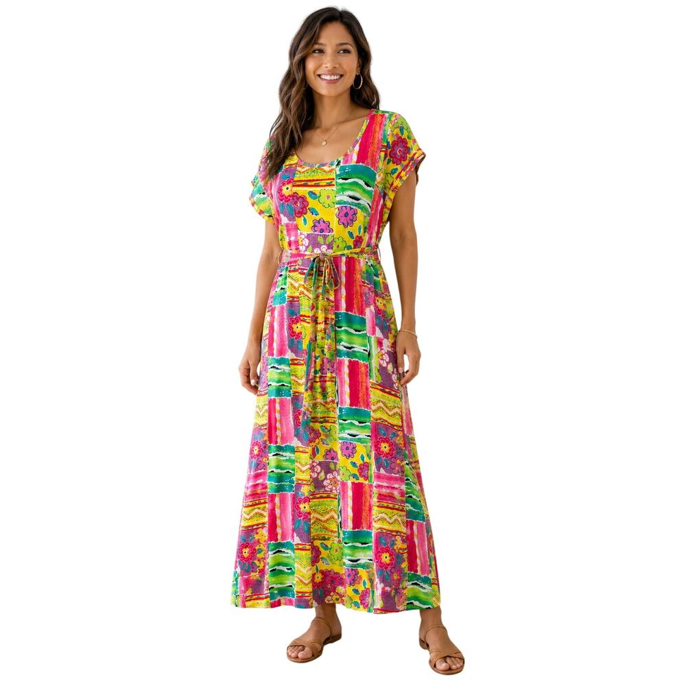 Jams World Women's Colorful Patchwork Floral Maxi Dress Size L Tie Waist